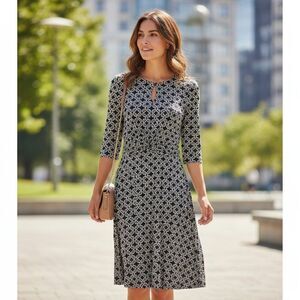Maggy London Geometric Sheath Dress 6 Green Black Modest Keyhole 3/4 Sleeve Work
